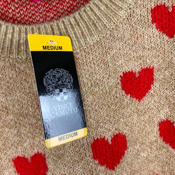 NWT Vince Camuto Crew Neck Sweater Heart Red Tan Size Medium $79 Long Sleeve - Picture 5 of 7